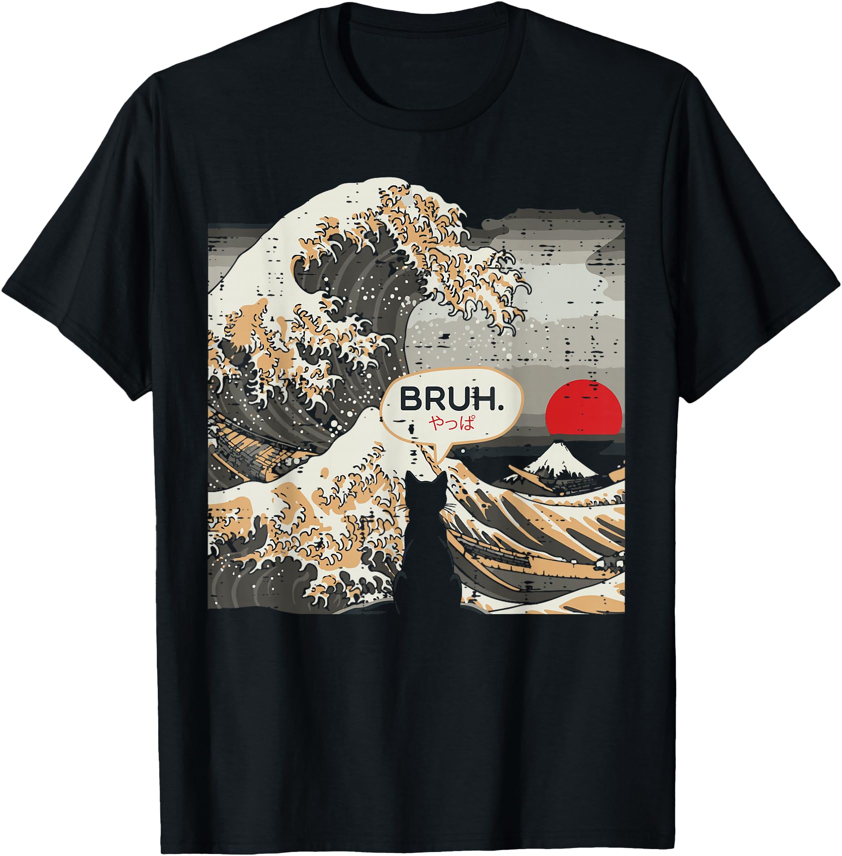 Japanese Great Wave Black Cat Bruh Art T-Shirt - Graphic Print Men Women - T-Shirt, Sweatshirt, Hoodie