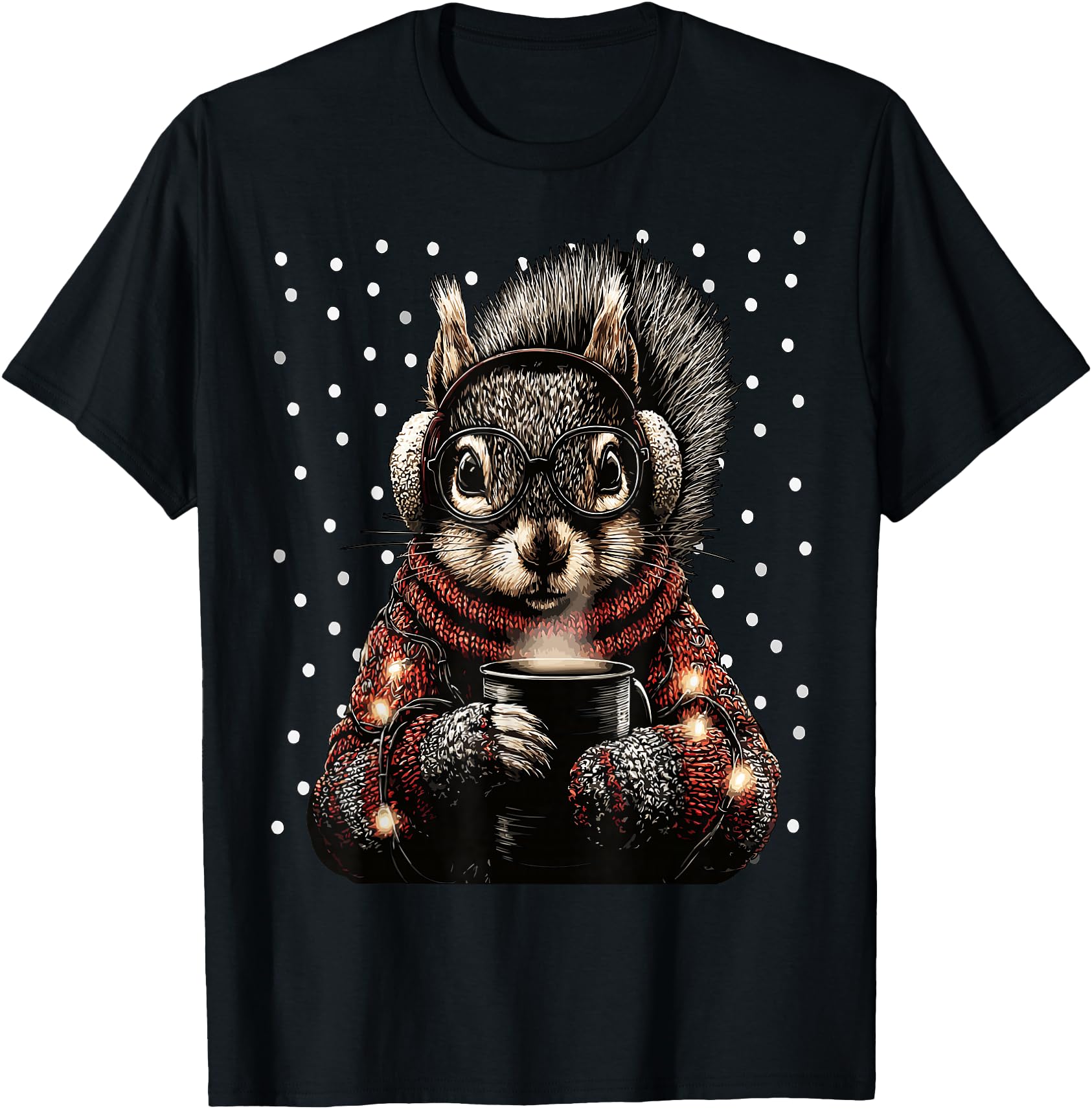 Squirrel Glasses Lights Coffee Winter Sweatshirt - Custom Art Print Unisex - T-Shirt, Sweatshirt, Hoodie
