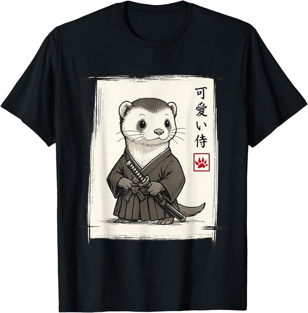 Handcrafted Samurai Ferret Japanese Art Hoodie - Minimalist Print Unisex - T-Shirt, Sweatshirt, Hoodie