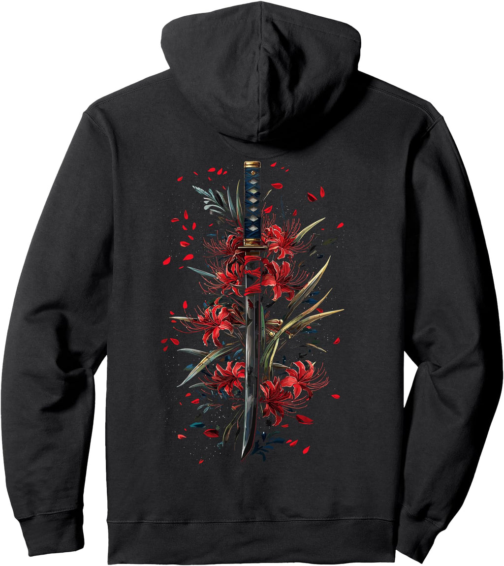 Red Spider Lily Flower Japanese Katana Hoodie - Unique Graphic Men Women - T-Shirt, Sweatshirt, Hoodie