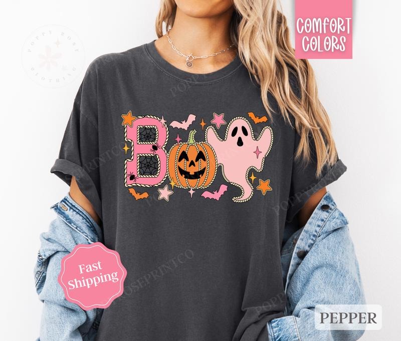 BOO Comfort Colors Cute Ghost Halloween October - Adult & Kids T-Shirts, Sweatshirts & Hoodies apparel design preview 1