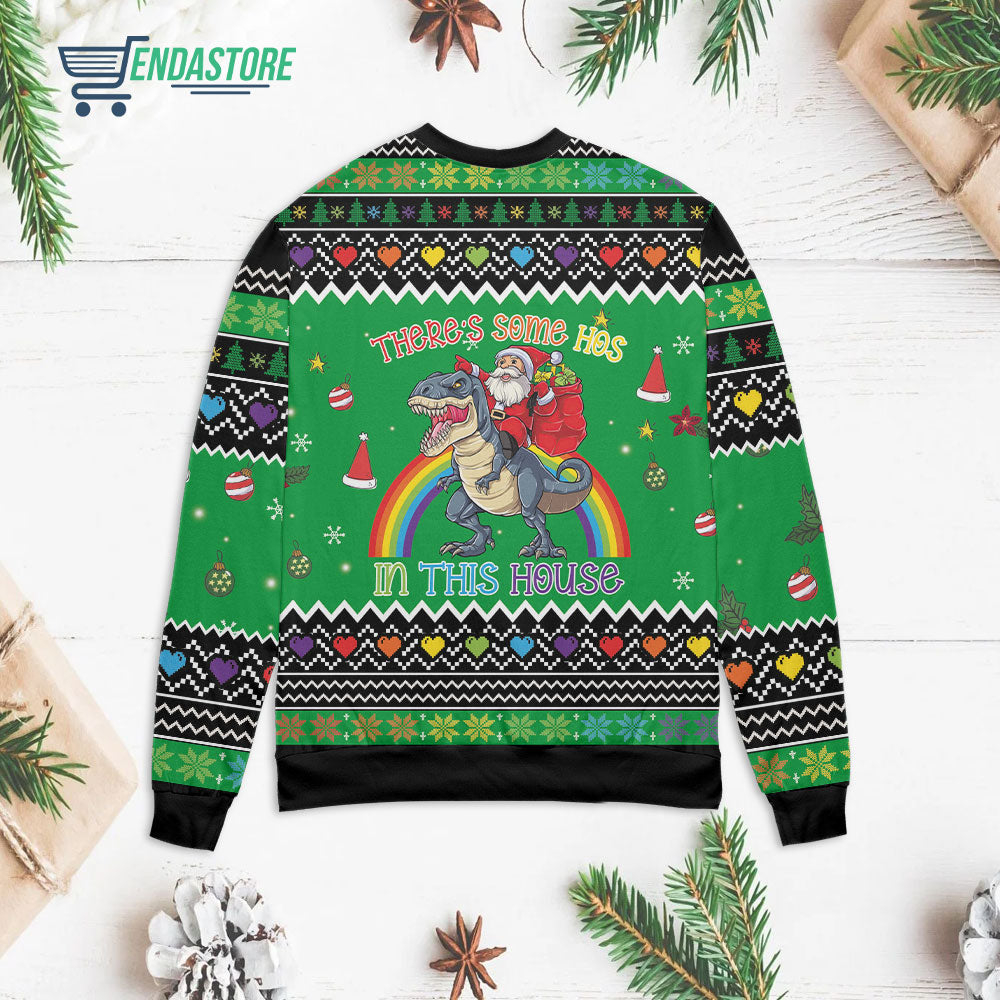 Santa Claus riding dinosaur there’s some hos in this house 3D Christmas Sweater - Holiday Gift product image 2