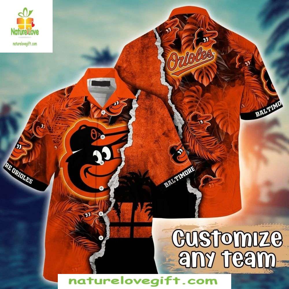 Baltimore Orioles Hawaiian Custom Orange Flora MLB - Adult & Kids T-Shirts, Sweatshirts & Hoodies apparel design preview 1