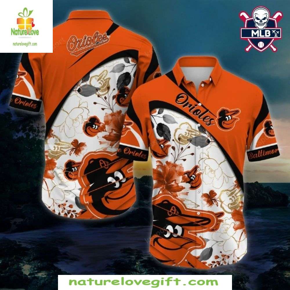 Baltimore Orioles Hawaiian Floral White Panel MLB - Adult & Kids T-Shirts, Sweatshirts & Hoodies apparel design preview 1