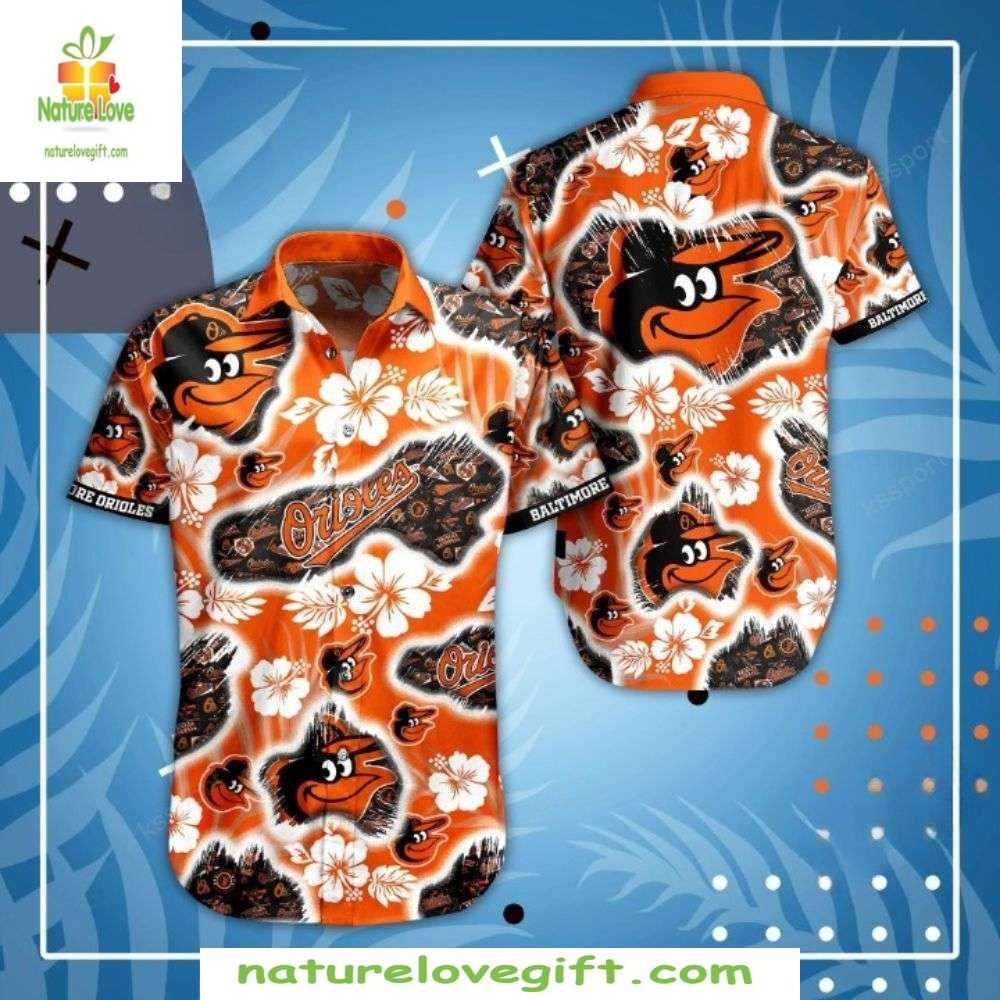 Baltimore Orioles Hawaiian Floral Orange Aloha - Adult & Kids T-Shirts, Sweatshirts & Hoodies apparel design preview 1