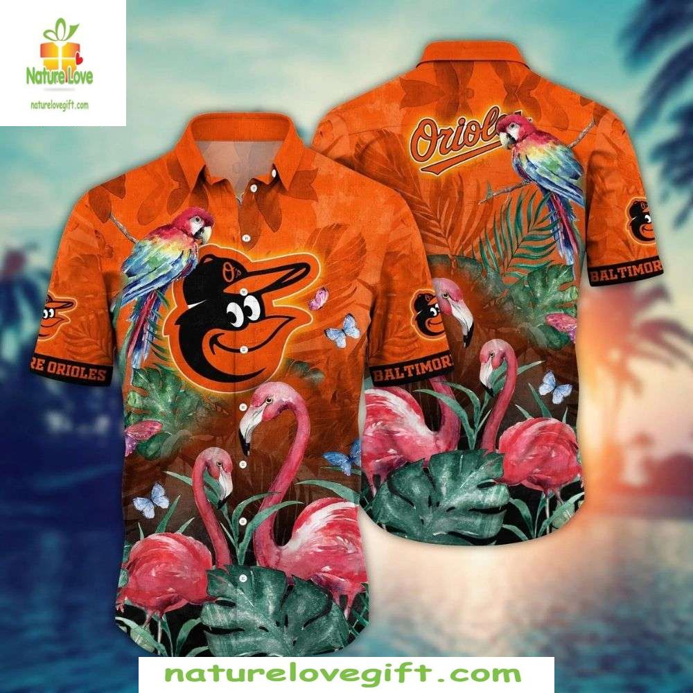 Baltimore Orioles MLB Hawaiian Flamingo Tropical - Adult & Kids T-Shirts, Sweatshirts & Hoodies apparel design preview 1