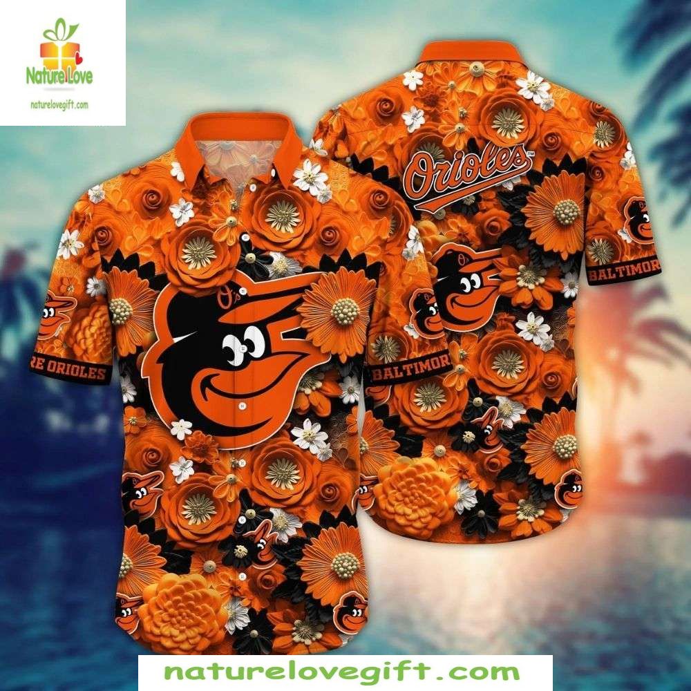 Baltimore Orioles Hawaiian Floral Orange MLB Baseball - Adult & Kids T-Shirts, Sweatshirts & Hoodies apparel design preview 1
