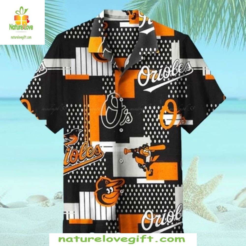 Baltimore Orioles Hawaiian Black Orange Geometric MLB - Adult & Kids T-Shirts, Sweatshirts & Hoodies apparel design preview 1