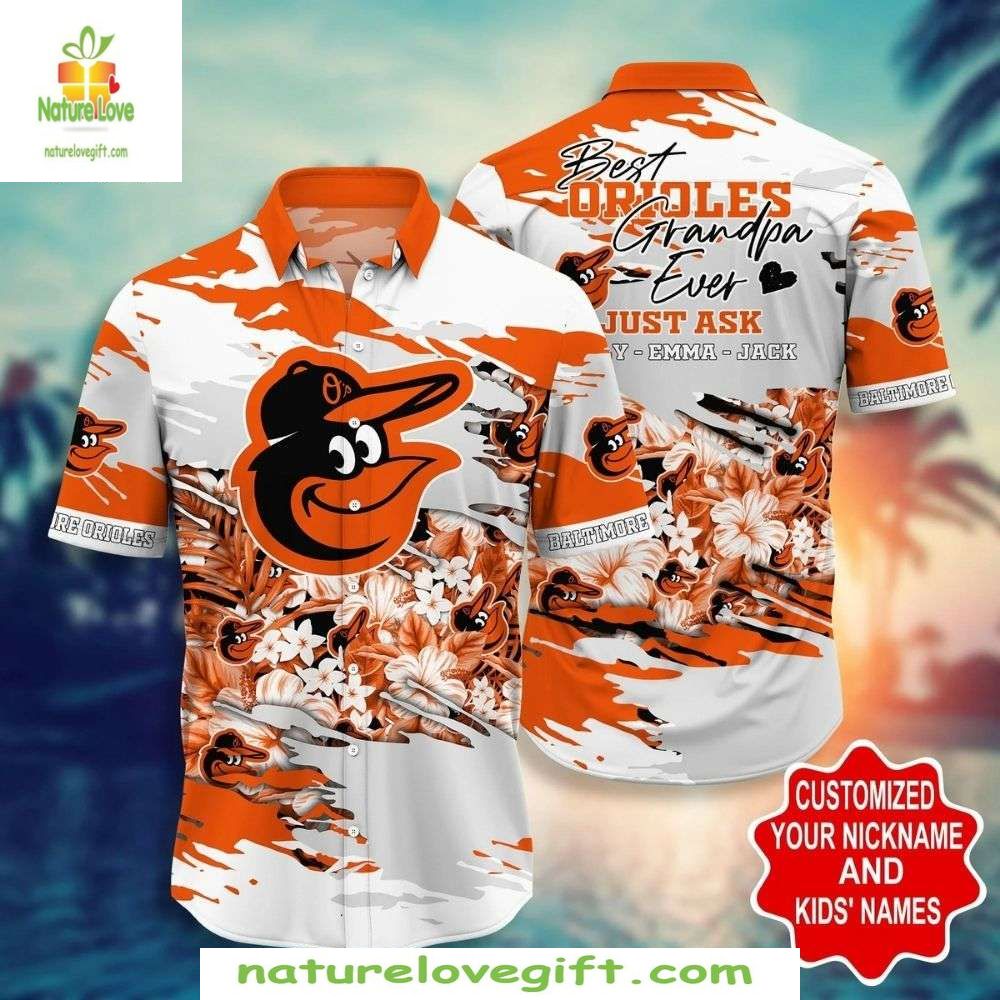 Baltimore Orioles Hawaiian Custom MLB Baseball Floral - Adult & Kids T-Shirts, Sweatshirts & Hoodies apparel design preview 1