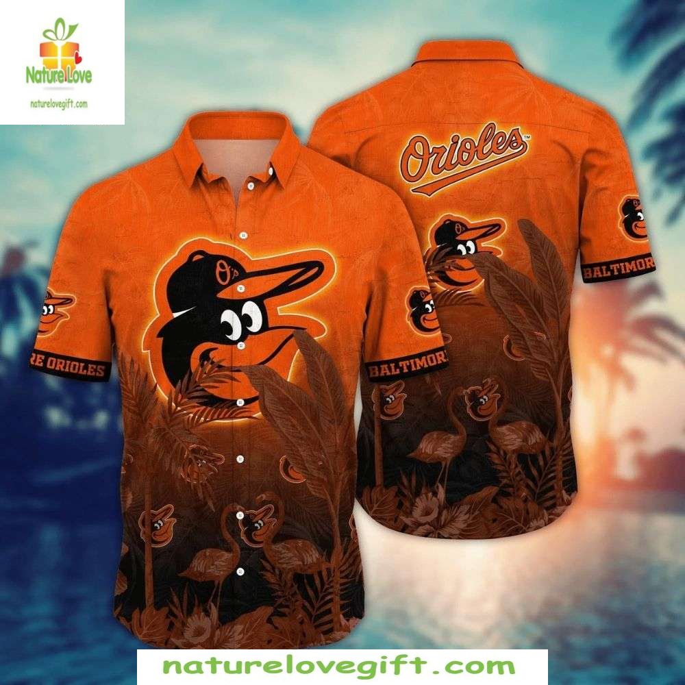 Baltimore Orioles Hawaiian with Logo and Leaf - Adult & Kids T-Shirts, Sweatshirts & Hoodies apparel design preview 1