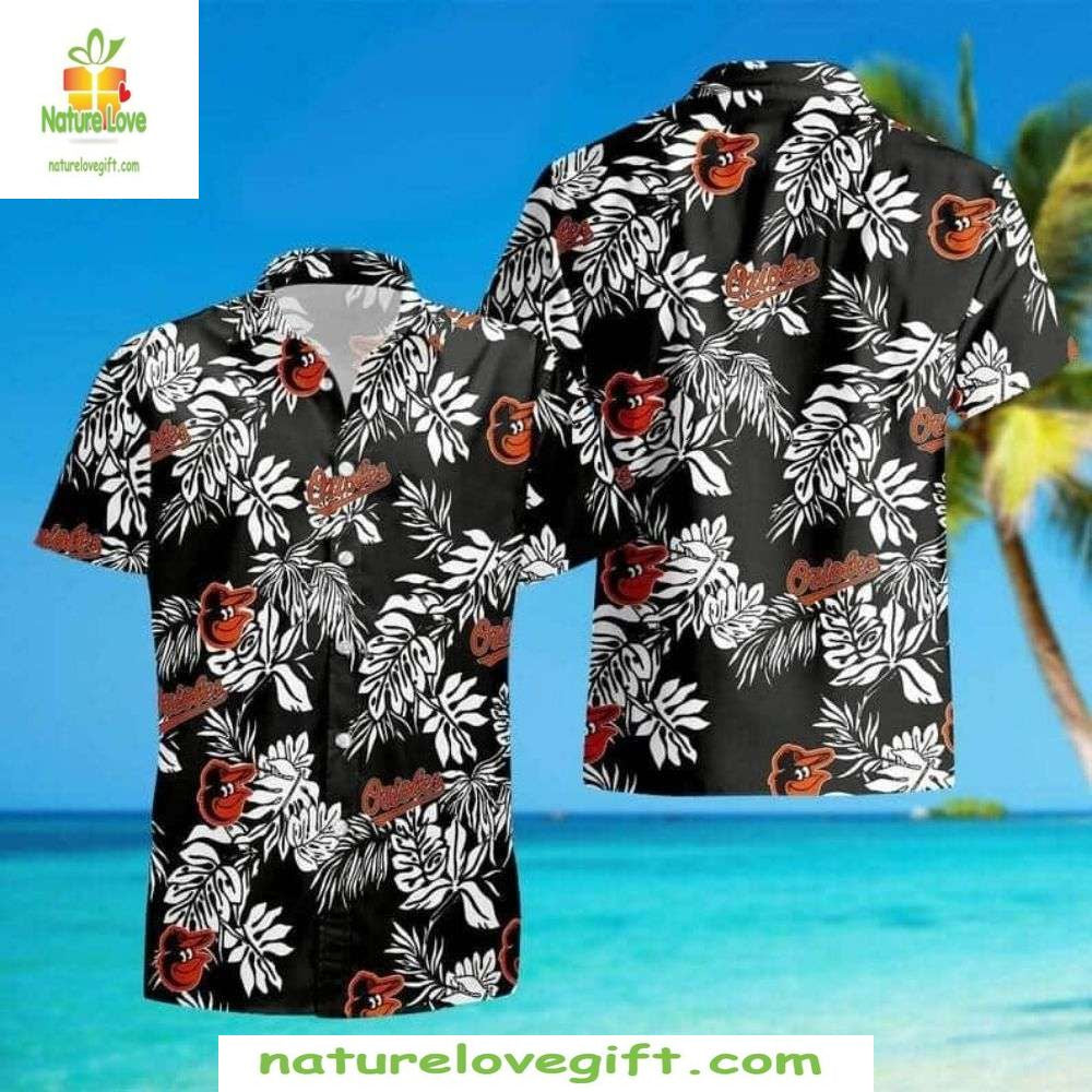 Baltimore Orioles Hawaiian Monochrome Floral MLB - Adult & Kids T-Shirts, Sweatshirts & Hoodies apparel design preview 1