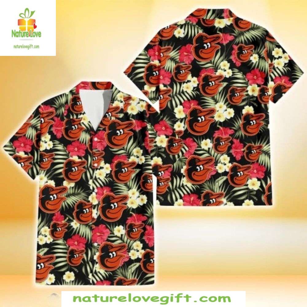 Baltimore Orioles Hawaiian Orange Black Floral MLB - Adult & Kids T-Shirts, Sweatshirts & Hoodies apparel design preview 1