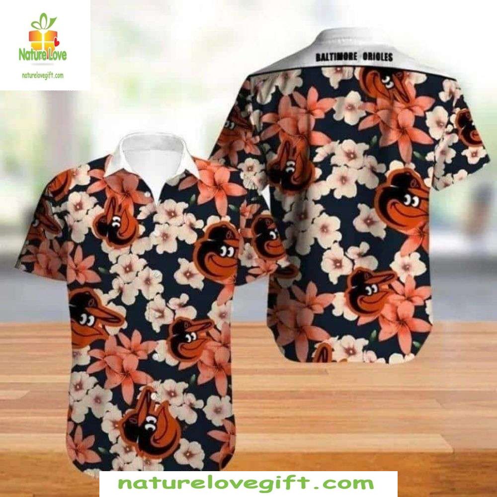 Baltimore Orioles Hawaiian Orange Bloom MLB Baseball - Adult & Kids T-Shirts, Sweatshirts & Hoodies apparel design preview 1