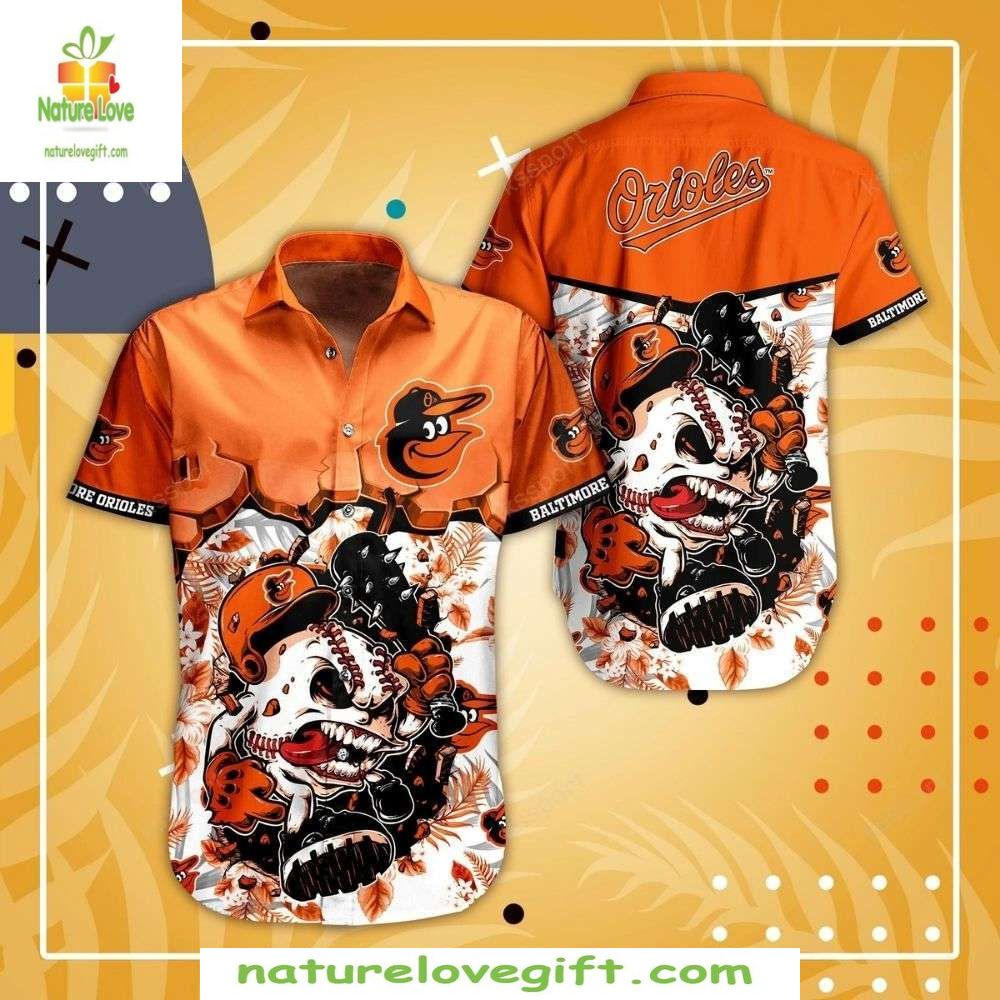 Baltimore Orioles Hawaiian Skull Floral MLB Baseball - Adult & Kids T-Shirts, Sweatshirts & Hoodies apparel design preview 1