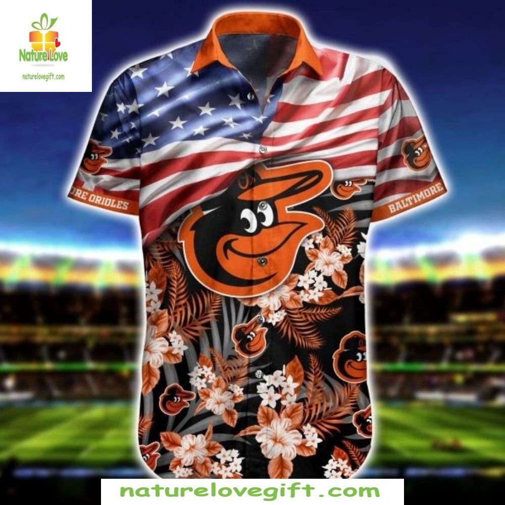 Baltimore Orioles MLB Hawaiian Floral Patriotic Aloha - Adult & Kids T-Shirts, Sweatshirts & Hoodies apparel design preview 1