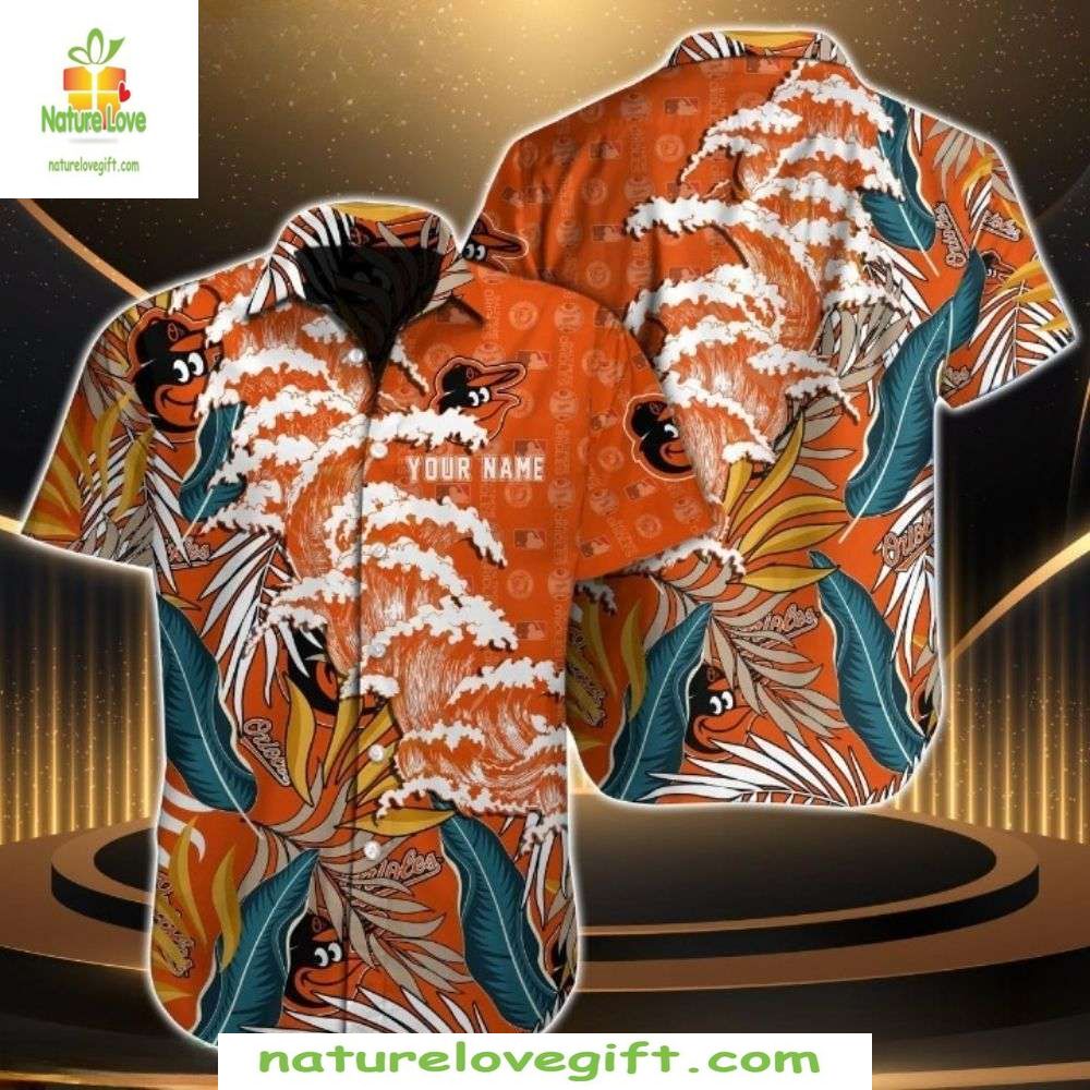 Baltimore Orioles Orange Wave Hawaiian MLB Baseball - Adult & Kids T-Shirts, Sweatshirts & Hoodies apparel design preview 1