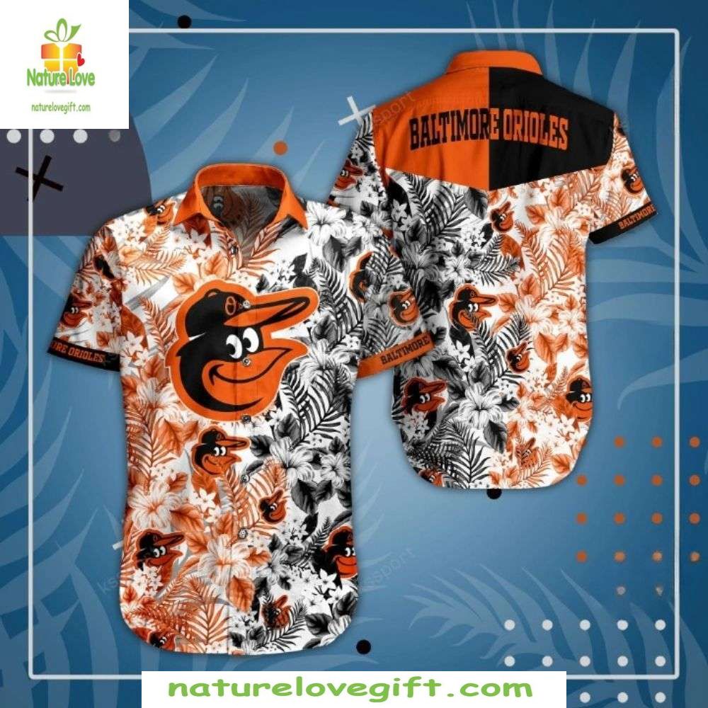 Baltimore Orioles Hawaiian White Black Floral Stripe - Adult & Kids T-Shirts, Sweatshirts & Hoodies apparel design preview 1
