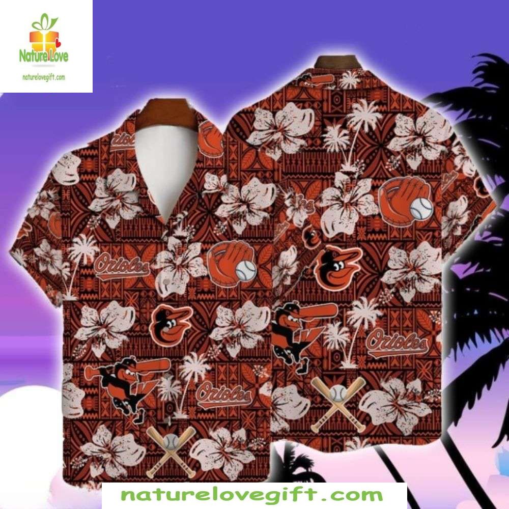 Baltimore Orioles Hawaiian White Hibiscus Floral - Adult & Kids T-Shirts, Sweatshirts & Hoodies apparel design preview 1
