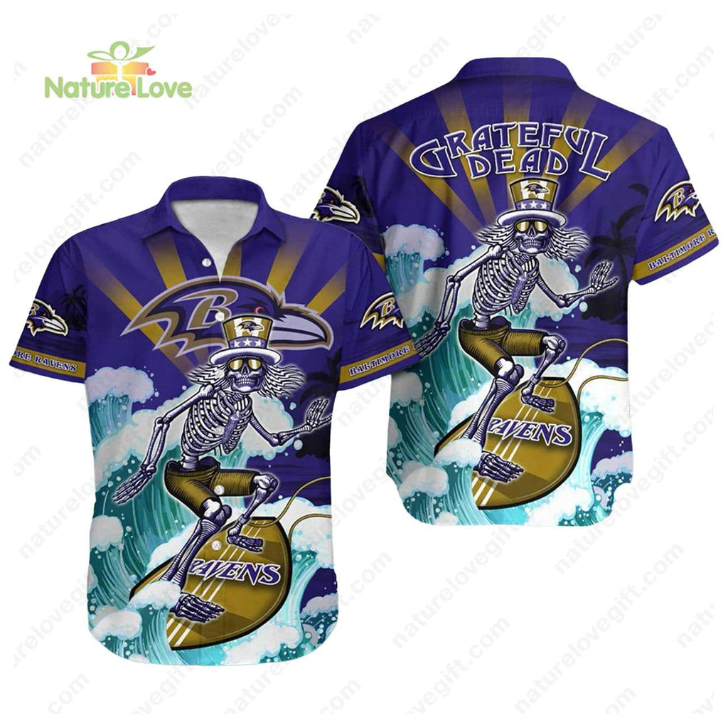 Baltimore Ravens Skeleton Grateful Dead Surfing - Adult & Kids T-Shirts, Sweatshirts & Hoodies apparel design preview 1