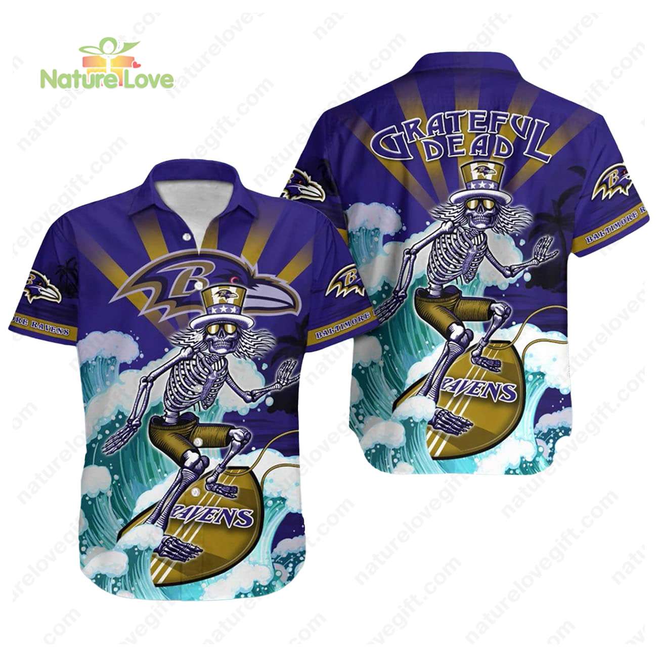 Baltimore Ravens Skeleton Grateful Dead Surfing - Adult & Kids T-Shirts, Sweatshirts & Hoodies apparel design preview 1
