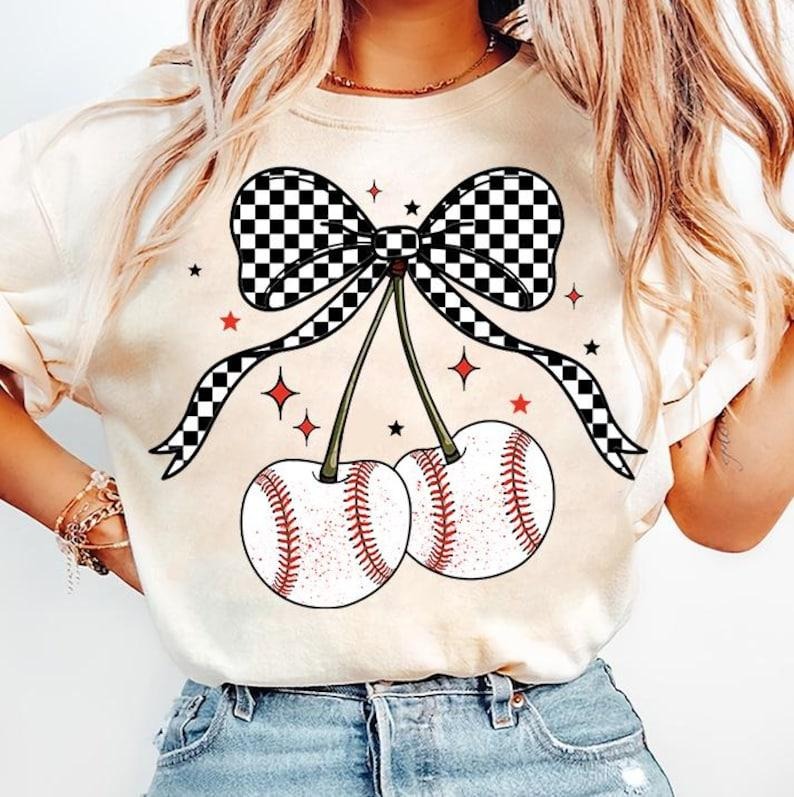 Baseball Cherries Coquette Game Day Checkered Bow - Adult & Kids T-Shirts, Sweatshirts & Hoodies apparel design preview 1