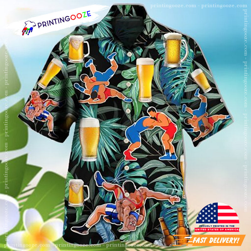 Beer And Wrestling Tropical Pattern Hawaiian - Adult & Kids T-Shirts, Sweatshirts & Hoodies apparel design preview 1