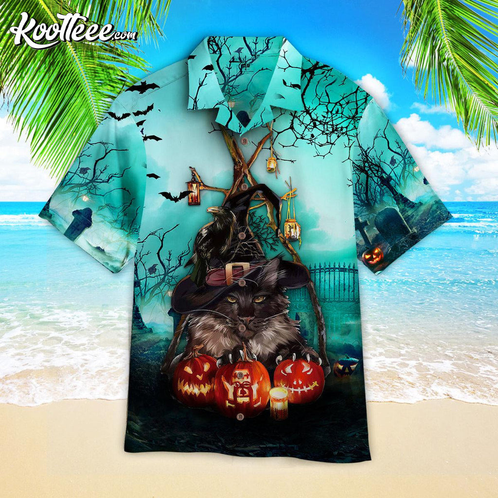 Black Cat And Pumpkin Happy Halloween Hawaiian - Adult & Kids T-Shirts, Sweatshirts & Hoodies apparel design preview 1