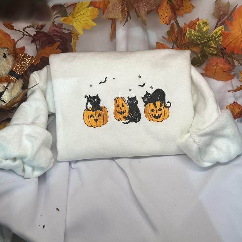 Black Cat Halloween Pumpkin Embroidery Comfortable - Adult & Kids T-Shirts, Sweatshirts & Hoodies apparel design preview 1