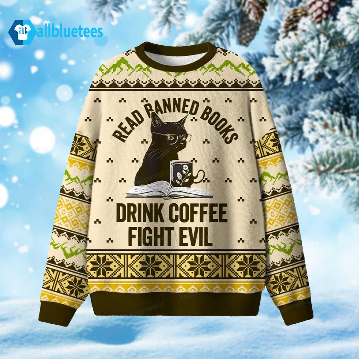 Black Cat Read Books Drink Coffee Fight Evil Ugly Christmas Sweater - Holiday Gift product image