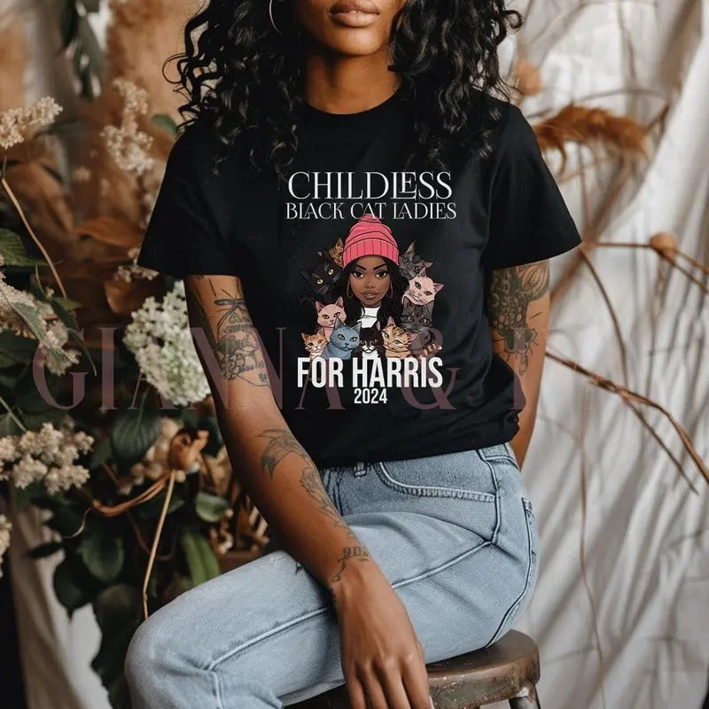 Black Childless Cat Kamala Harris Lady 2024 Mom - Adult & Kids T-Shirts, Sweatshirts & Hoodies apparel design preview 1
