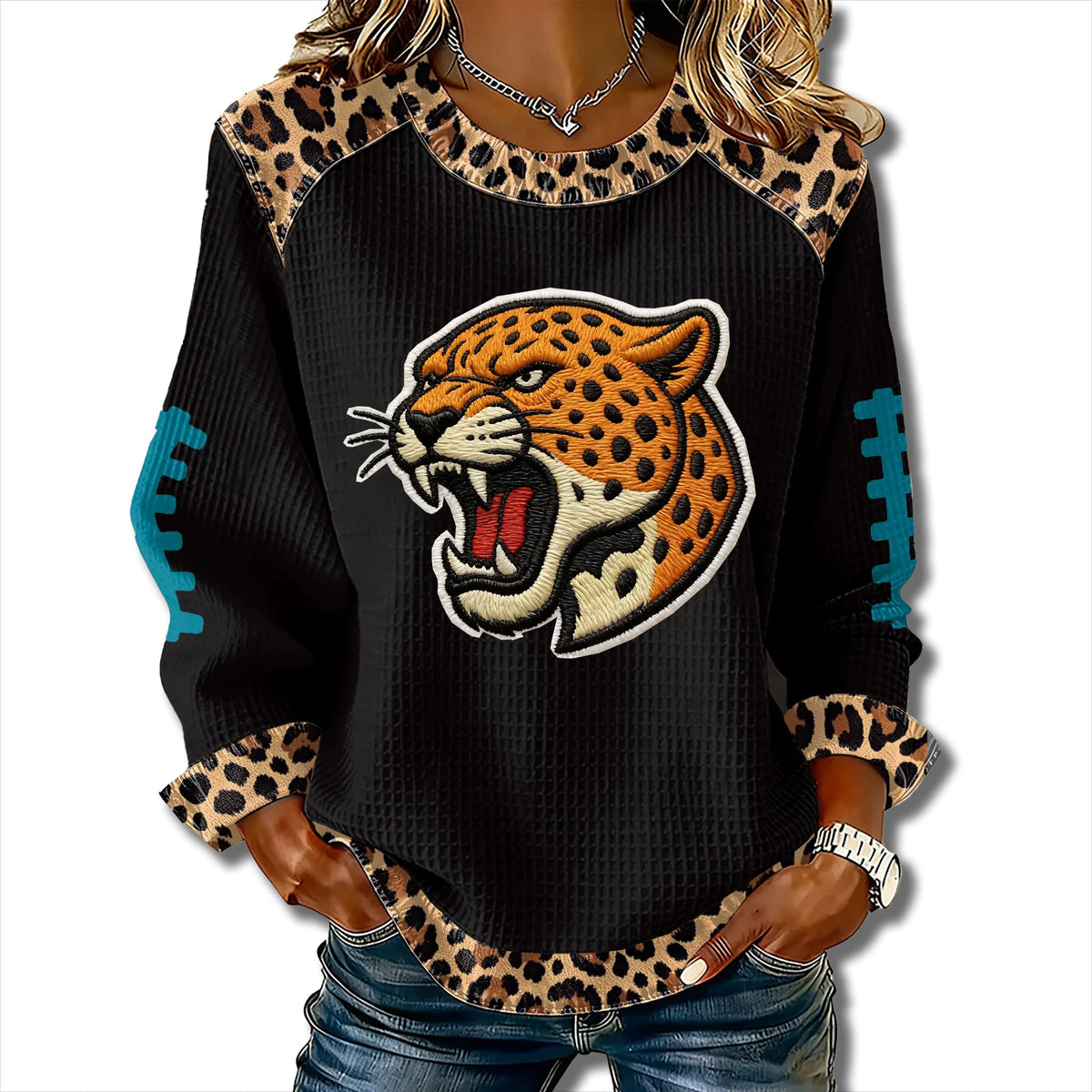 Black-Jaguar Leopard Pattern Waffle 3D Sweater - Gift Idea product image