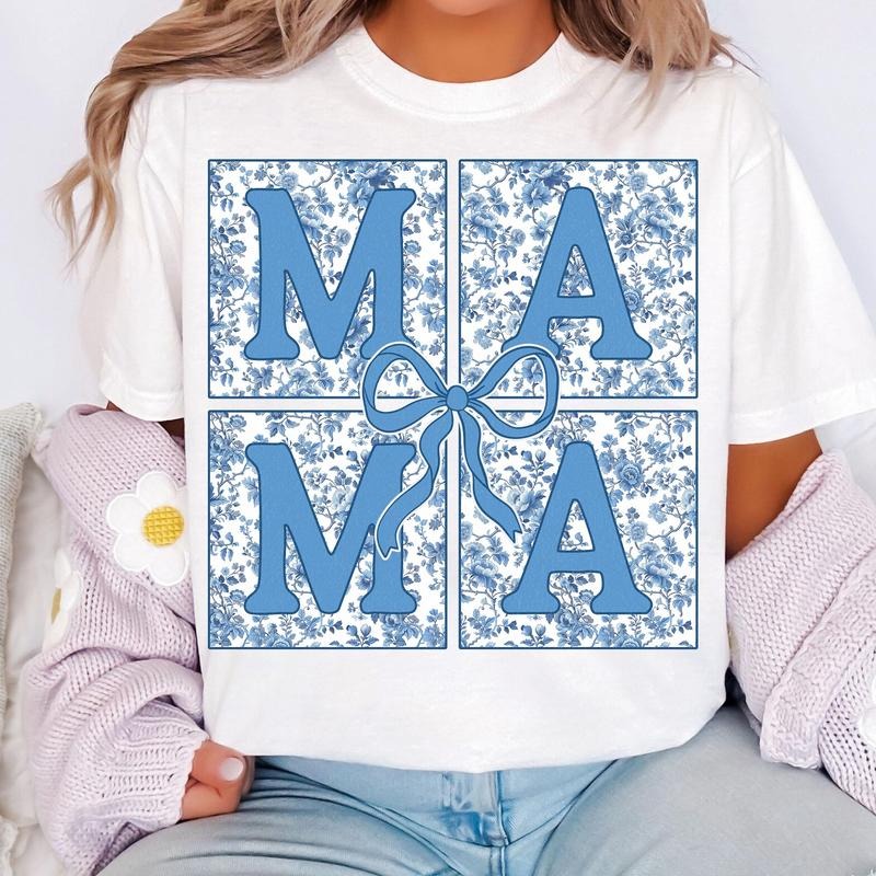 Blue Floral Chinoiserie Mama Coquette Varsity Mom Bow - Adult & Kids T-Shirts, Sweatshirts & Hoodies apparel design preview 1