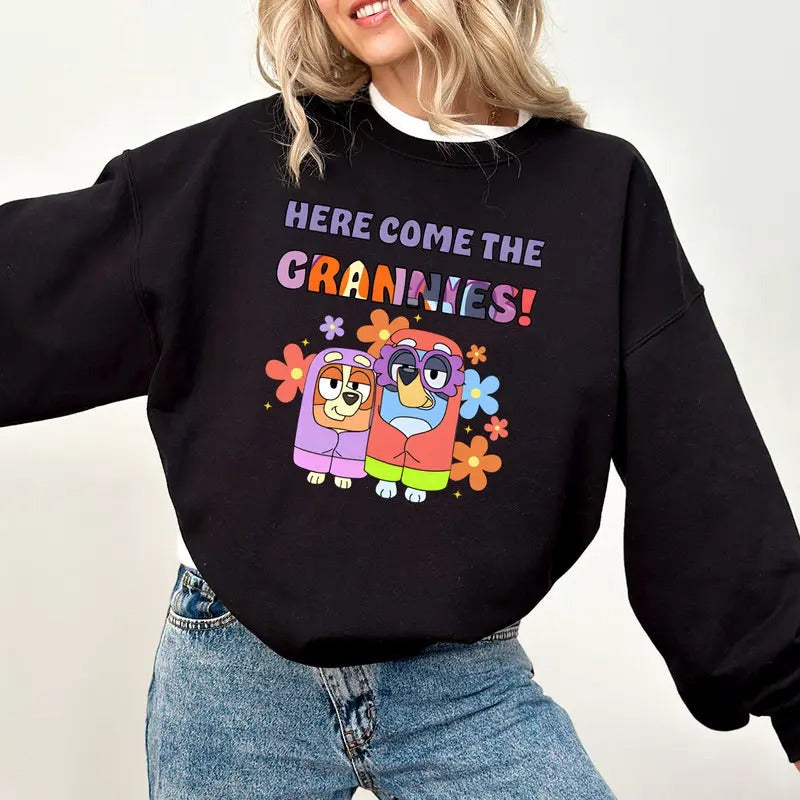 Bluey Bingo Here Come Grannies Flower Grandma - Adult & Kids T-Shirts, Sweatshirts & Hoodies apparel design preview 1