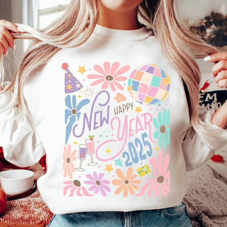 Boho New Year 2025 Retro Years Disco Ball Pink Pastel - Adult & Kids T-Shirts, Sweatshirts & Hoodies apparel design preview 1