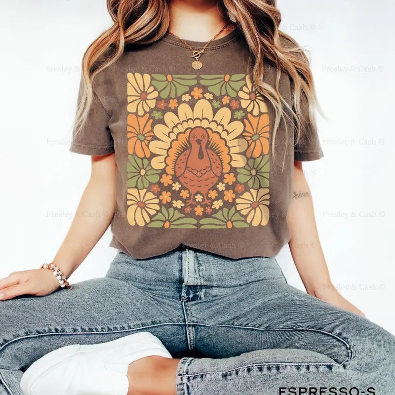 Boho Thanksgiving Cute Matching Family Retro Turkey - Adult & Kids T-Shirts, Sweatshirts & Hoodies apparel design preview 1