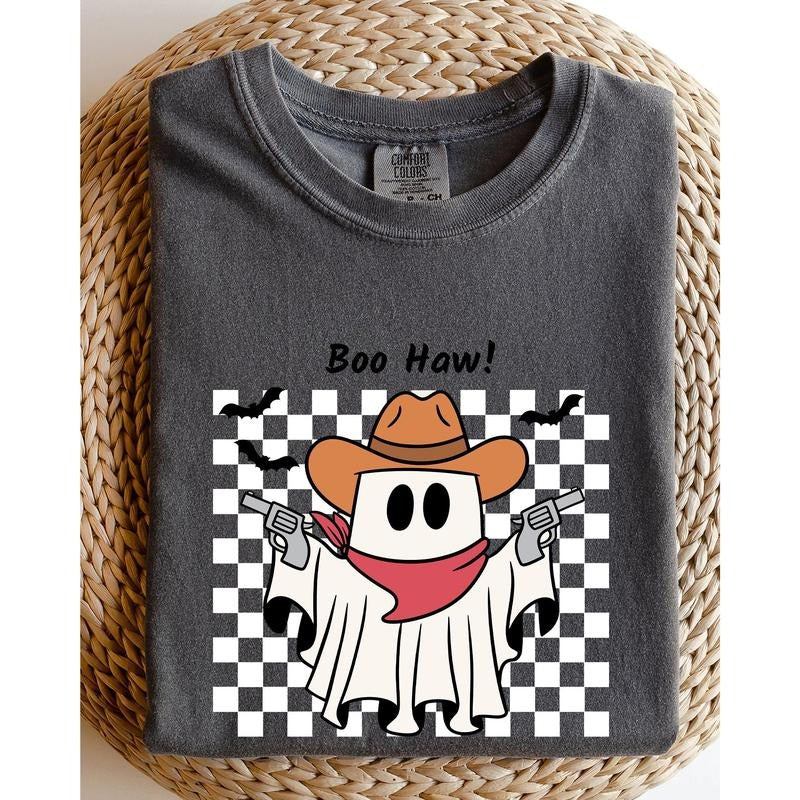Boo Haw Cowboy Ghost Checkered Western Halloween - Adult & Kids T-Shirts, Sweatshirts & Hoodies apparel design preview 1