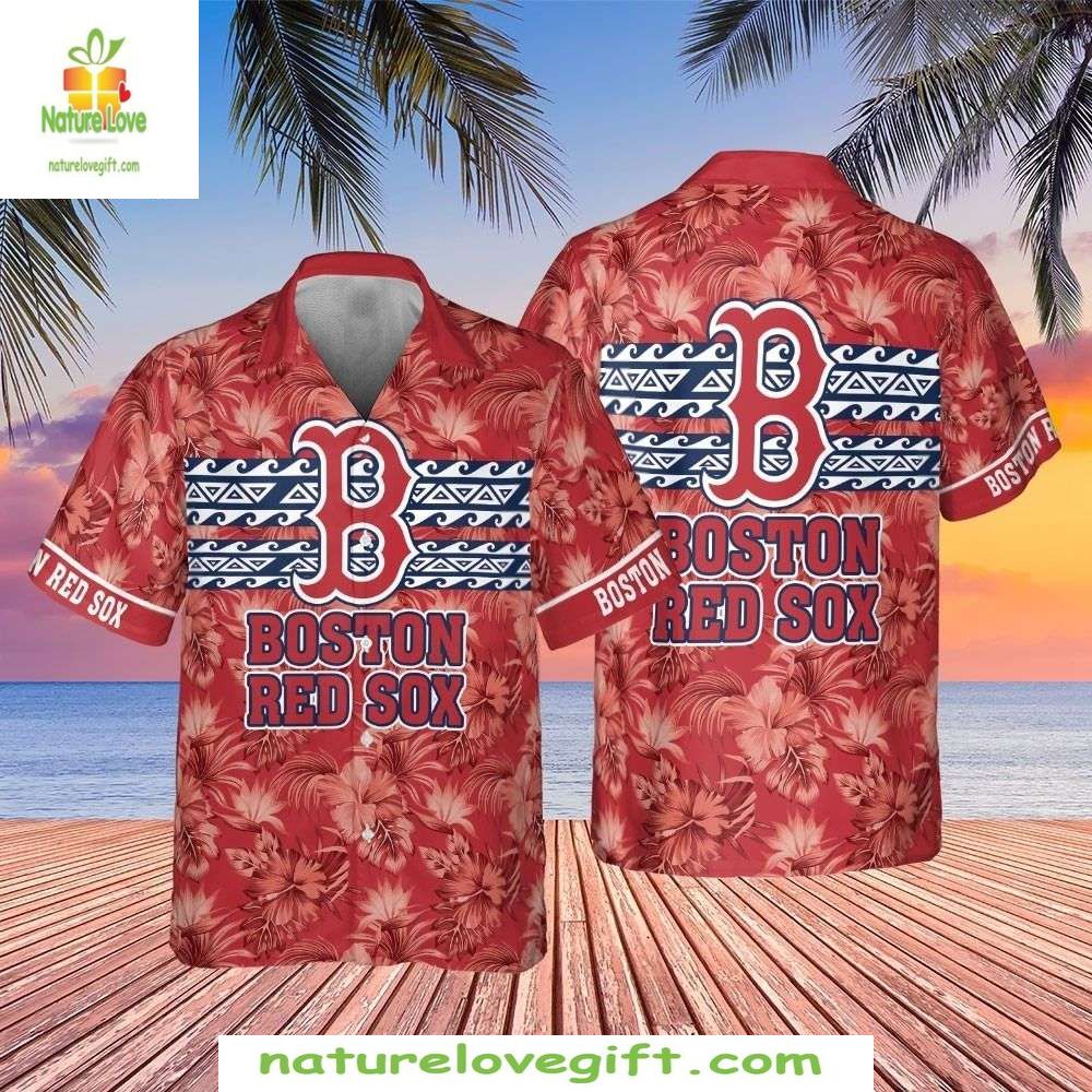 Boston Red Sox Hawaiian Hibiscus Team Badge MLB - Adult & Kids T-Shirts, Sweatshirts & Hoodies apparel design preview 1