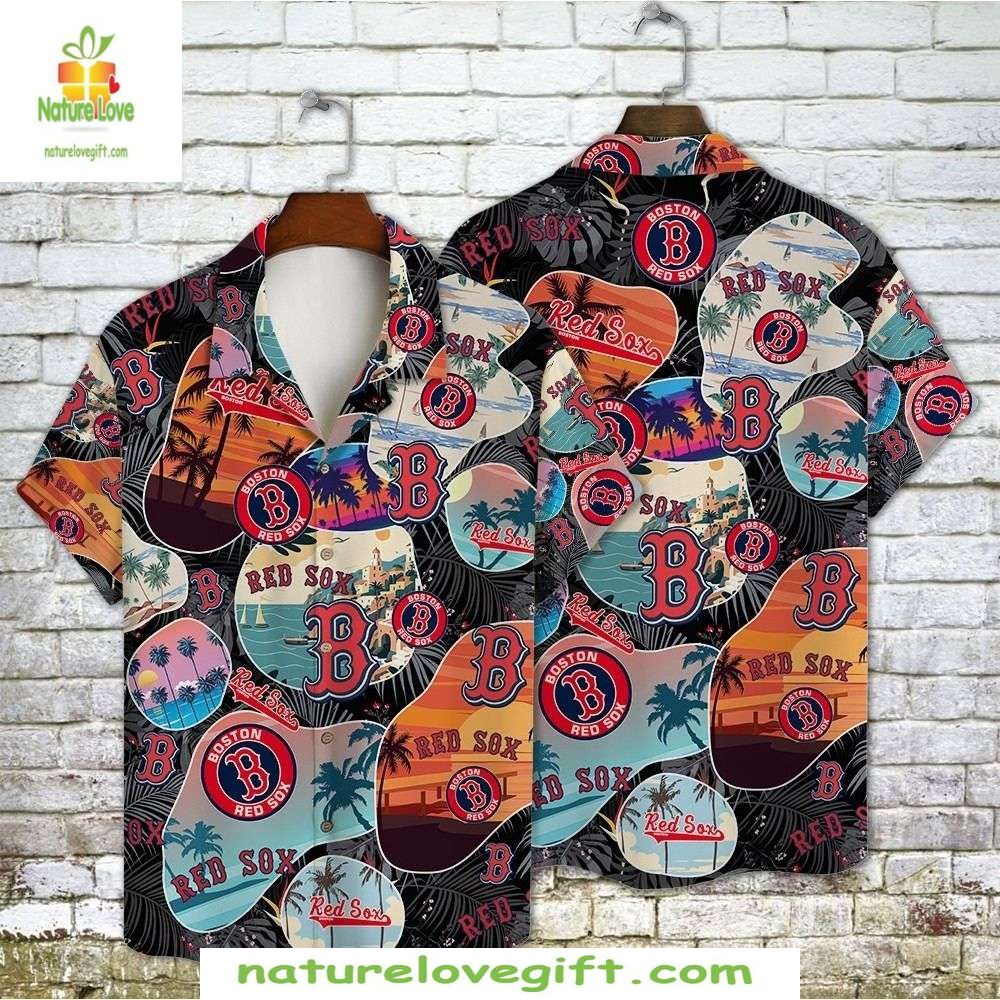 Boston Red Sox Hawaiian Retro Summer Sunset Palms MLB - Adult & Kids T-Shirts, Sweatshirts & Hoodies apparel design preview 1
