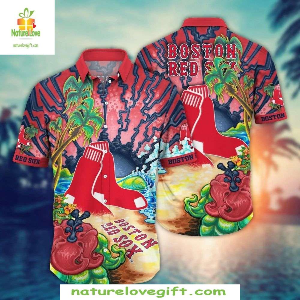 Boston Red Sox MLB Hawaiian Tropical Wave Palm Tree - Adult & Kids T-Shirts, Sweatshirts & Hoodies apparel design preview 1