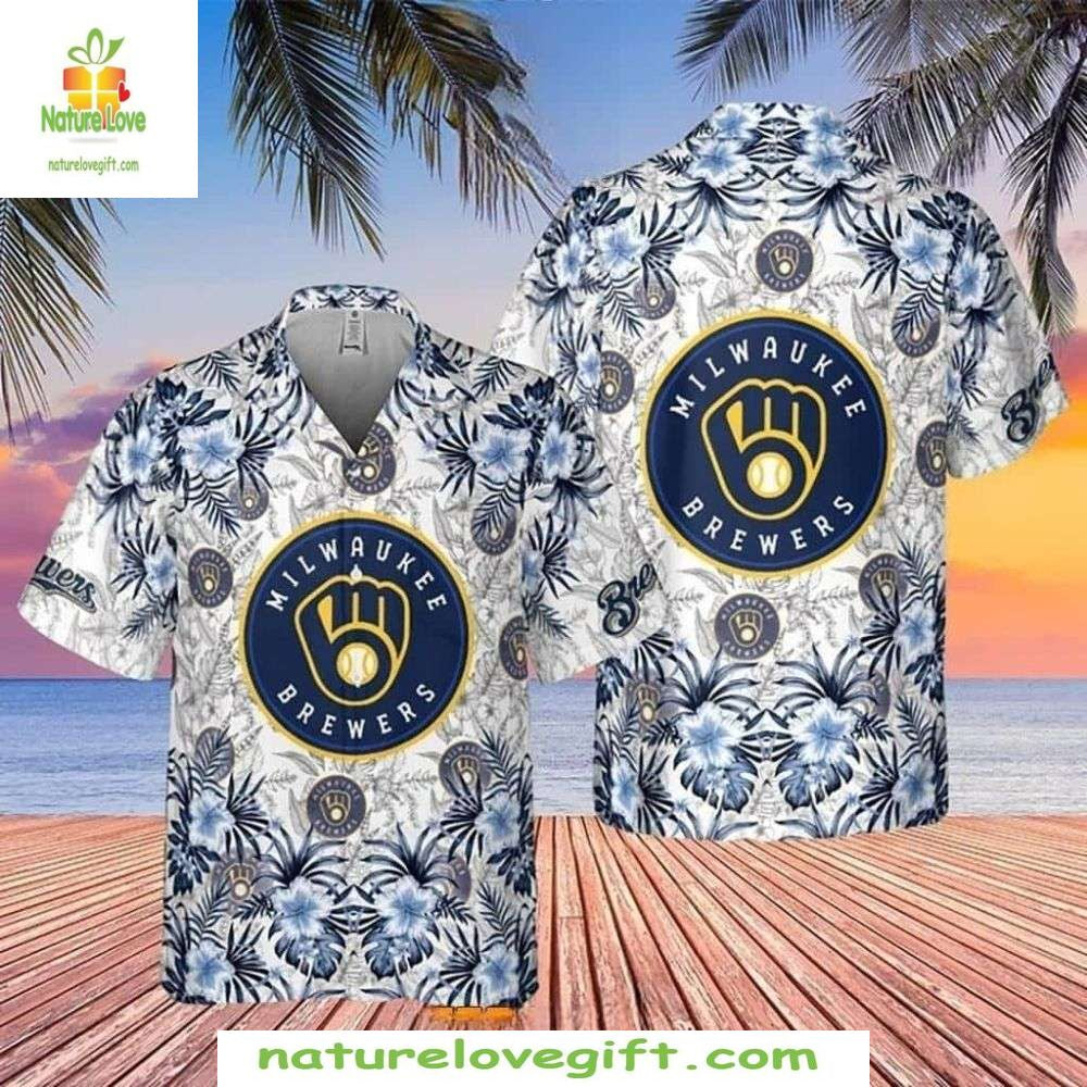 Milwaukee Brewers Hawaiian White Hibiscus Coastal - Adult & Kids T-Shirts, Sweatshirts & Hoodies apparel design preview 1