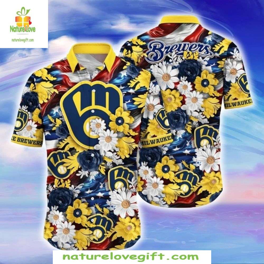 Milwaukee Brewers Hawaiian Navy Yellow Floral - Adult & Kids T-Shirts, Sweatshirts & Hoodies apparel design preview 1