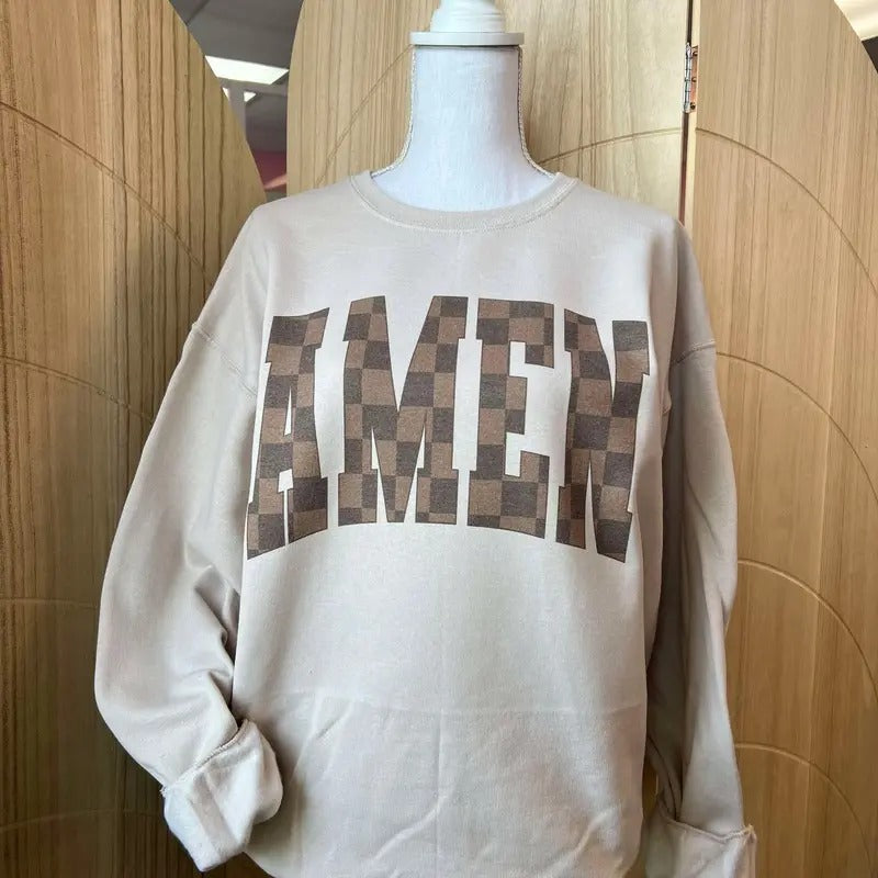 Brown Checkered AMEN Christian - Adult & Kids T-Shirts, Sweatshirts & Hoodies apparel design preview 1