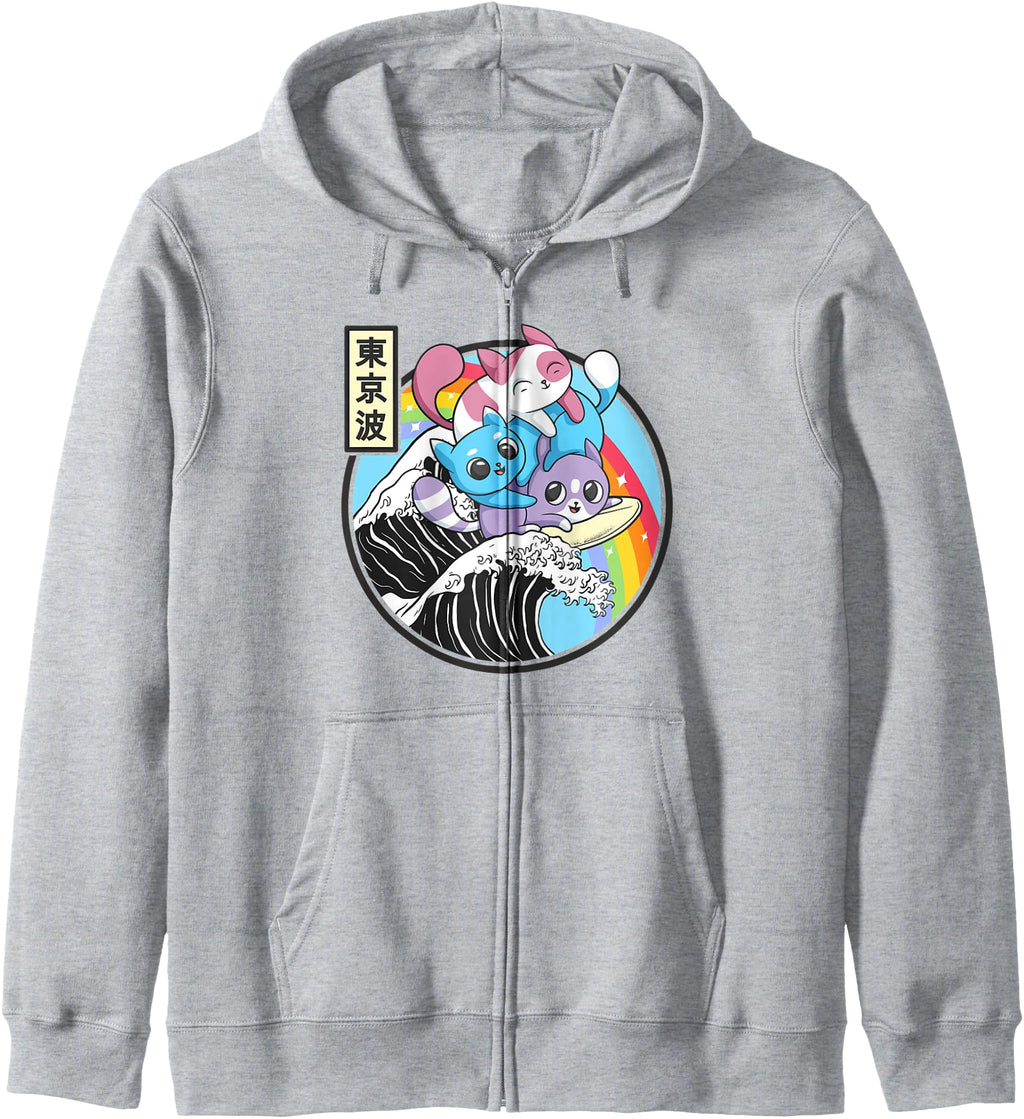 Original Playing Cats Surfing Kanagawa Hoodie - Novelty Apparel Unisex - T-Shirt, Sweatshirt, Hoodie