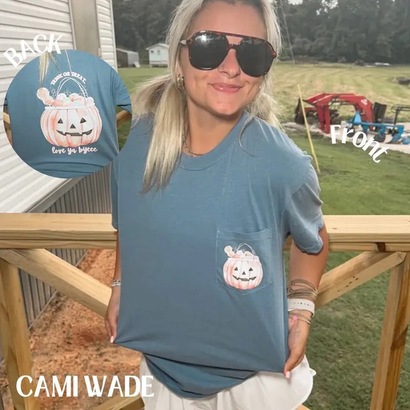 Cami Wade Halloween Candy Bucket Pocket Comfort - Adult & Kids T-Shirts, Sweatshirts & Hoodies apparel design preview 1