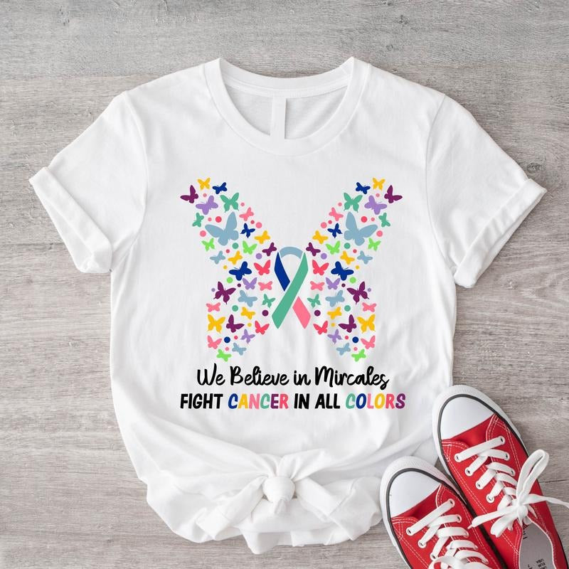 Cancer Butterfly Ribbon We Believe Miracles Fight All - Adult & Kids T-Shirts, Sweatshirts & Hoodies apparel design preview 1