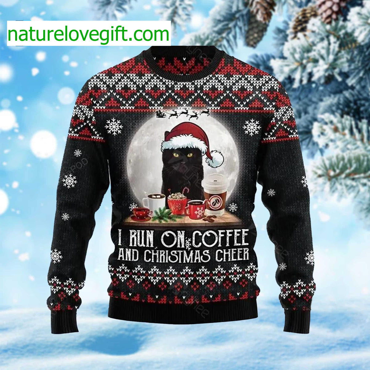 Cat I Run On Coffee And Christmas Cheer Ugly Christmas Sweater - Holiday Gift product image