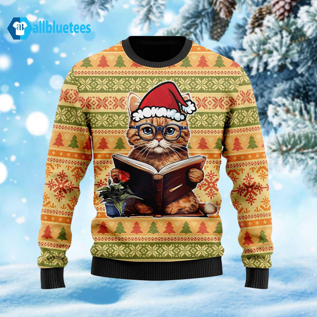 Cat Reading Ugly Christmas Sweater - Holiday Gift product image