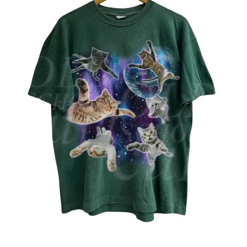 Cats Floating Galaxy Vintage 90s Retro Funny Cat Meme - Adult & Kids T-Shirts, Sweatshirts & Hoodies apparel design preview 1