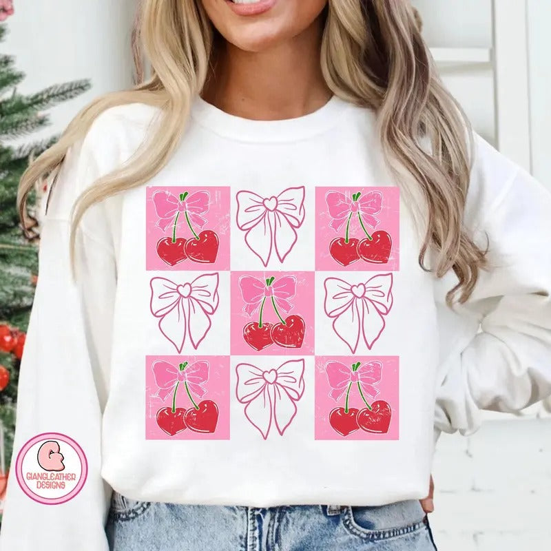 Checked Cherry Coquette Love You Much Pink Valentine - Adult & Kids T-Shirts, Sweatshirts & Hoodies apparel design preview 1