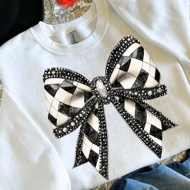 Checker Bow Faux Rhinestone DTF Transfers THIS IS NOT - Adult & Kids T-Shirts, Sweatshirts & Hoodies apparel design preview 1